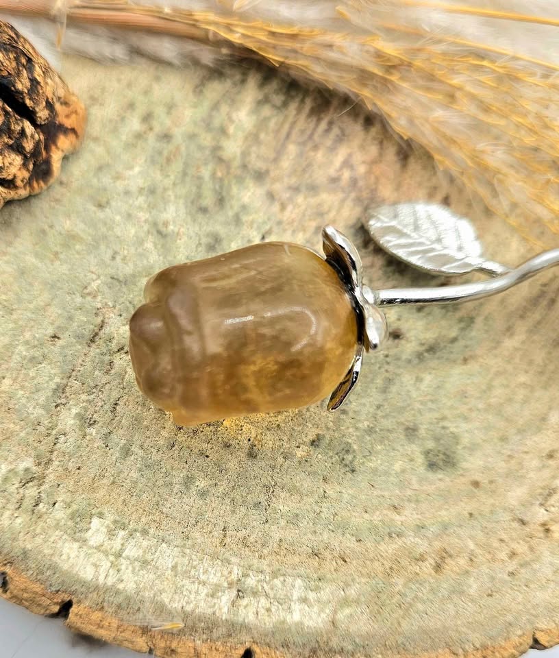 Nature Yellow Fluorite Long Metal Rose