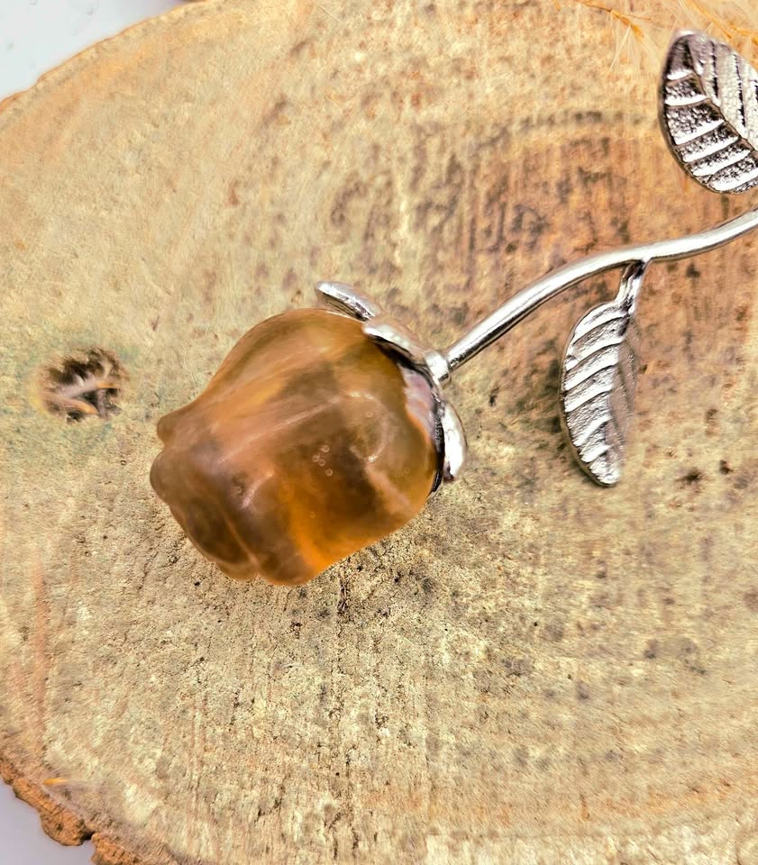 Nature Yellow Fluorite Long Metal Rose