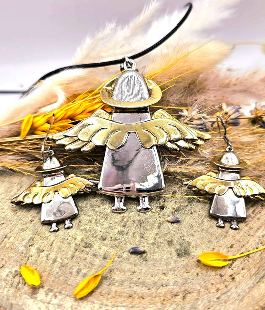 Vintage Handcrafted Sterling Silver Stamped Angel Jewelry Set