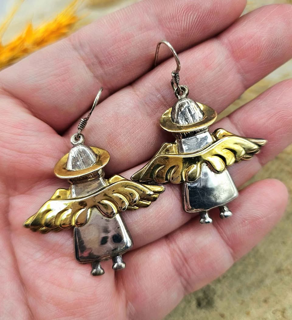 Vintage Handcrafted Sterling Silver Stamped Angel Jewelry Set