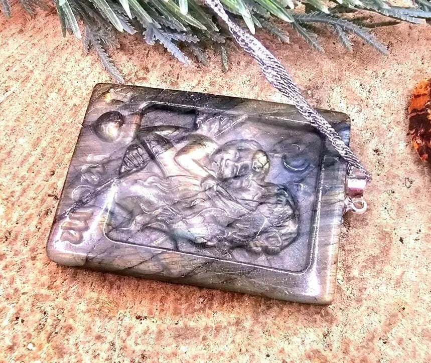 Labradorite baby angel and mother pendant necklace flash close-up — My Aura Gemstones