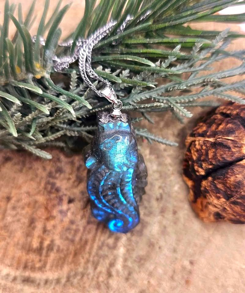 Labradorite carved flashy seahorse pendant necklace flash close-up — My Aura Gemstones