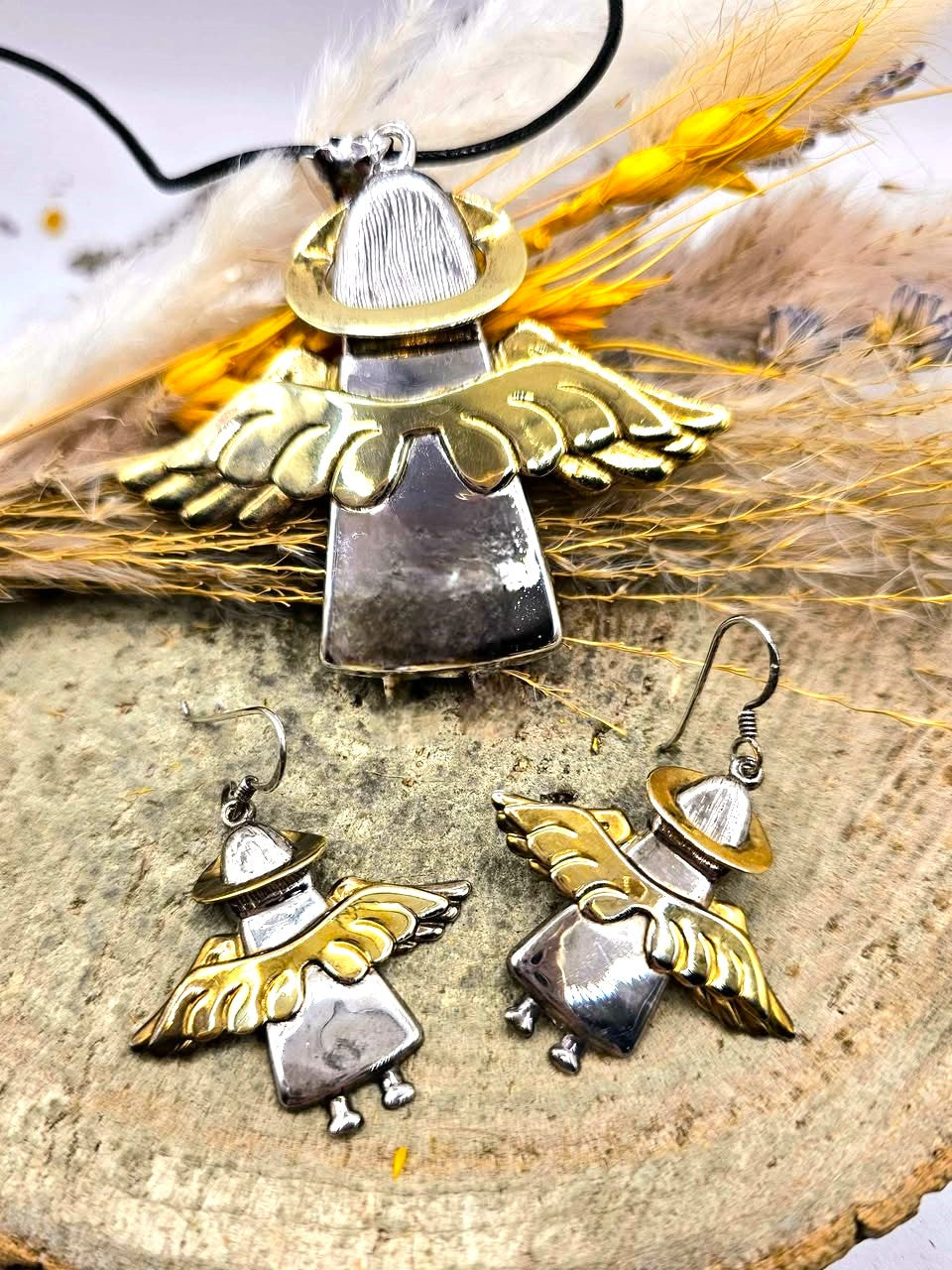 Vintage Handcrafted Sterling Silver Stamped Angel Jewelry Set