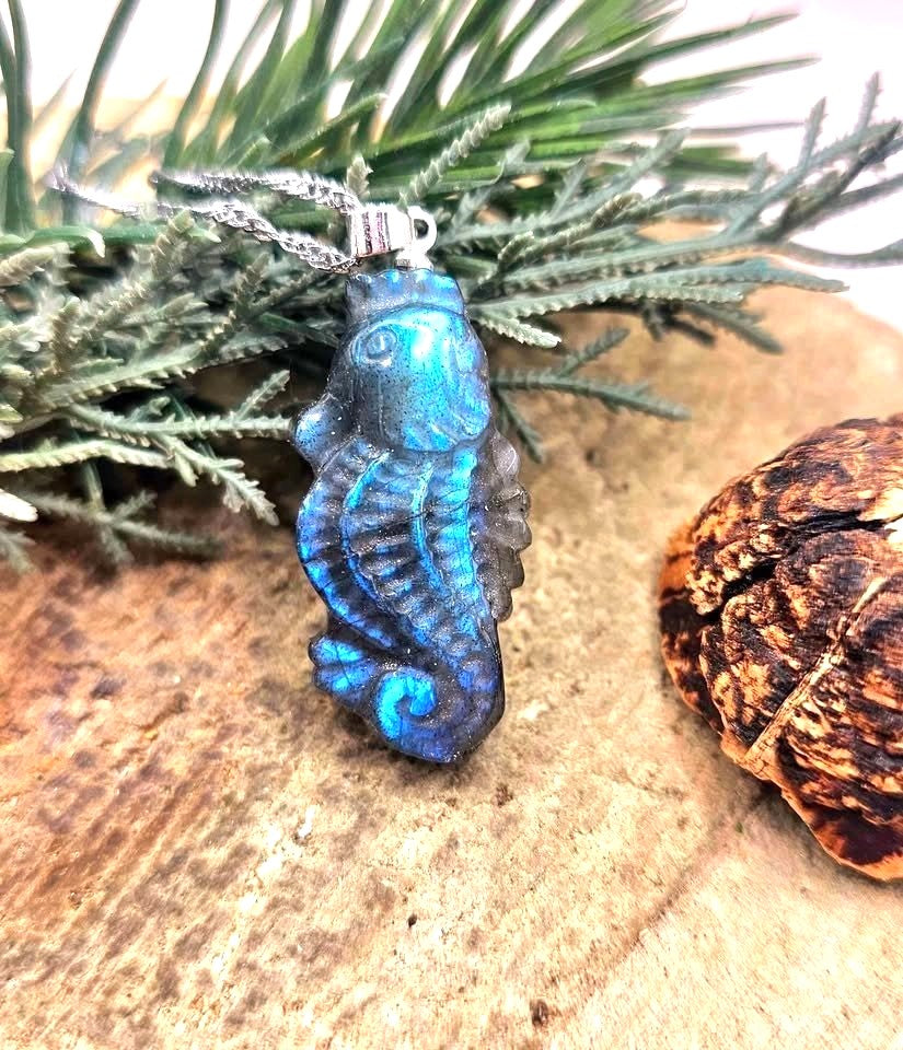 Labradorite carved flashy seahorse pendant necklace flash close-up — My Aura Gemstones