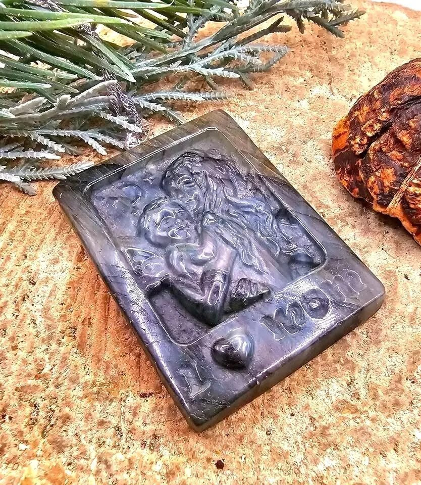 Labradorite baby angel and mother pendant necklace iridescent flash view — My Aura Gemstones