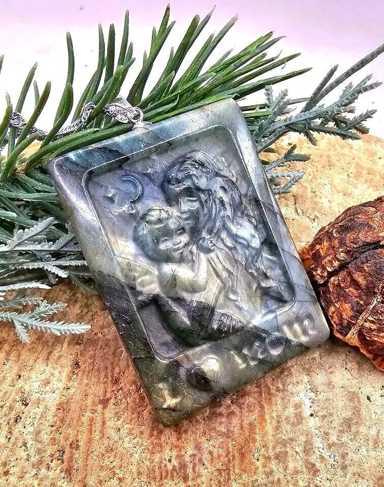 Labradorite baby angel and mother pendant necklace size reference — My Aura Gemstones