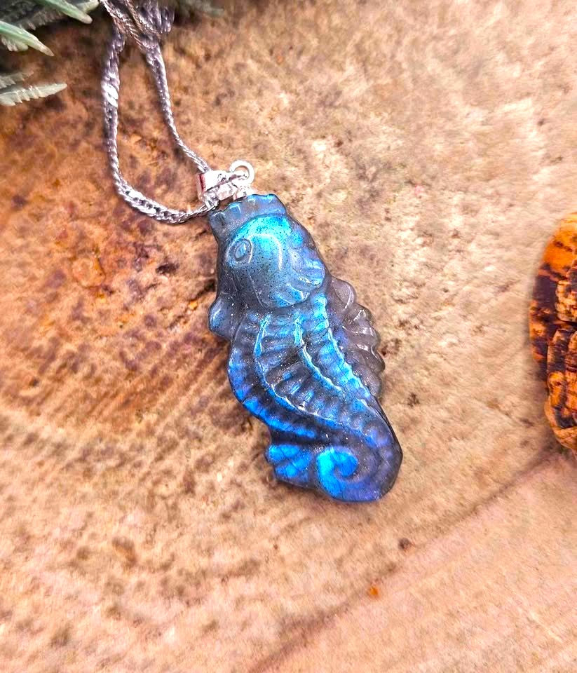 Labradorite carved flashy seahorse pendant necklace flash close-up — My Aura Gemstones