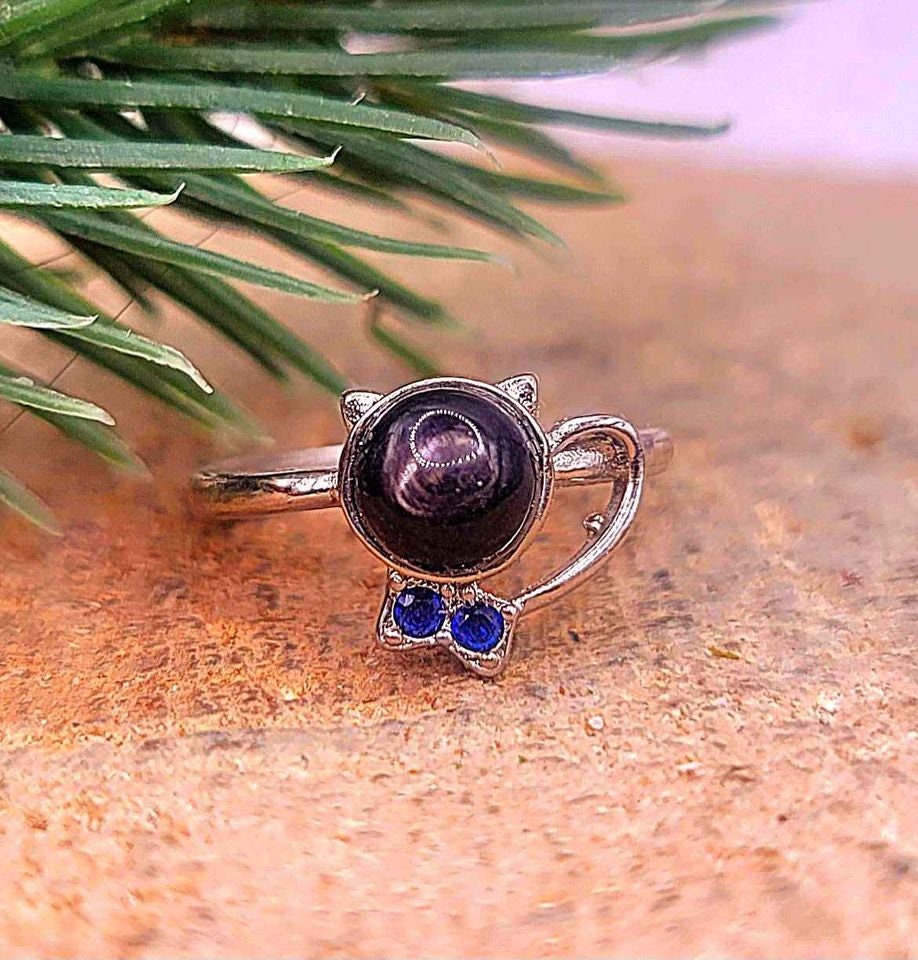 Nature Silver Hypersthene Cute Walking Cat Design Adjustable Ring
