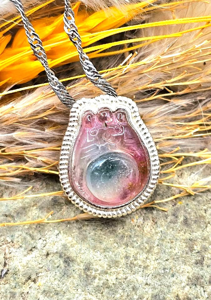 Premium Grade Watermelon Tourmaline 925 Hamster Charm Necklace