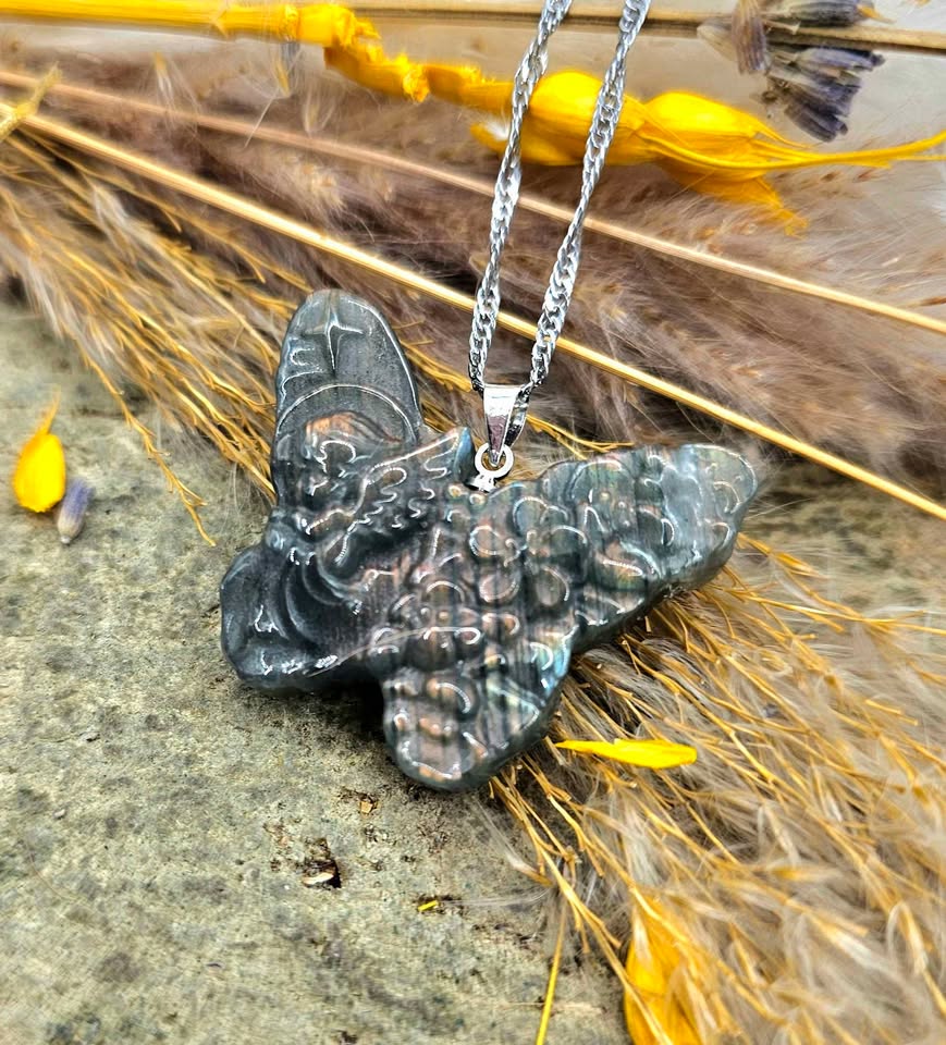 Nature Labradorite Flashy Girl Angel Butterfly Pendant Necklace