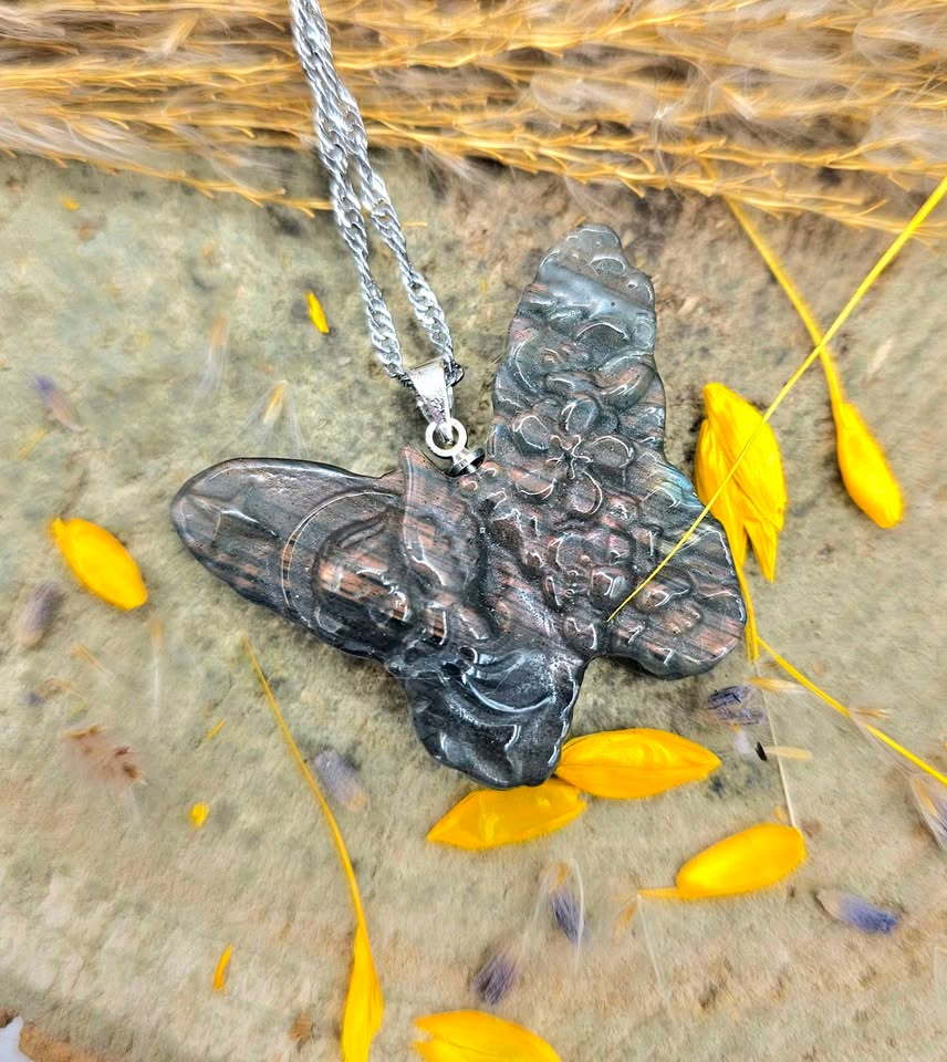 Nature Labradorite Flashy Girl Angel Butterfly Pendant Necklace