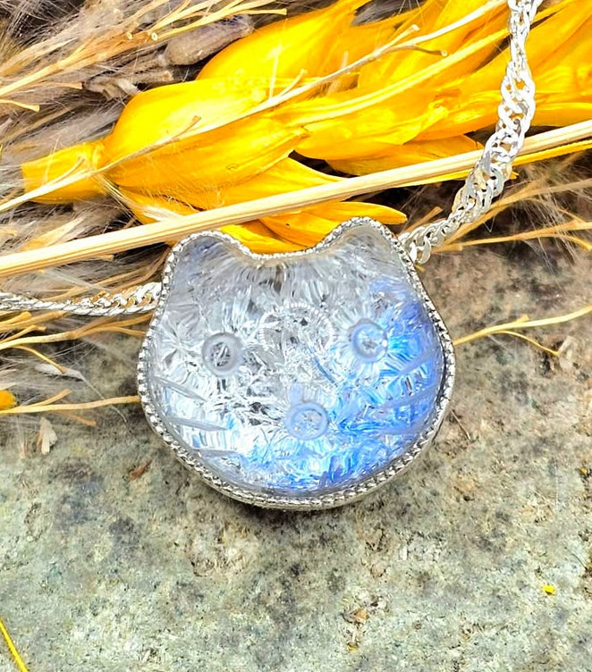 Rare Nature Blue Rutilated Crystal Hand Carved Kitty S925 Charm Necklace
