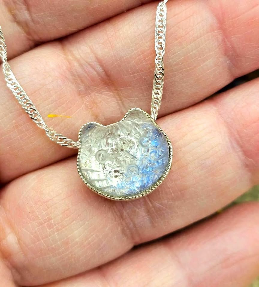 Rare Nature Blue Rutilated Crystal Hand Carved Kitty S925 Charm Necklace