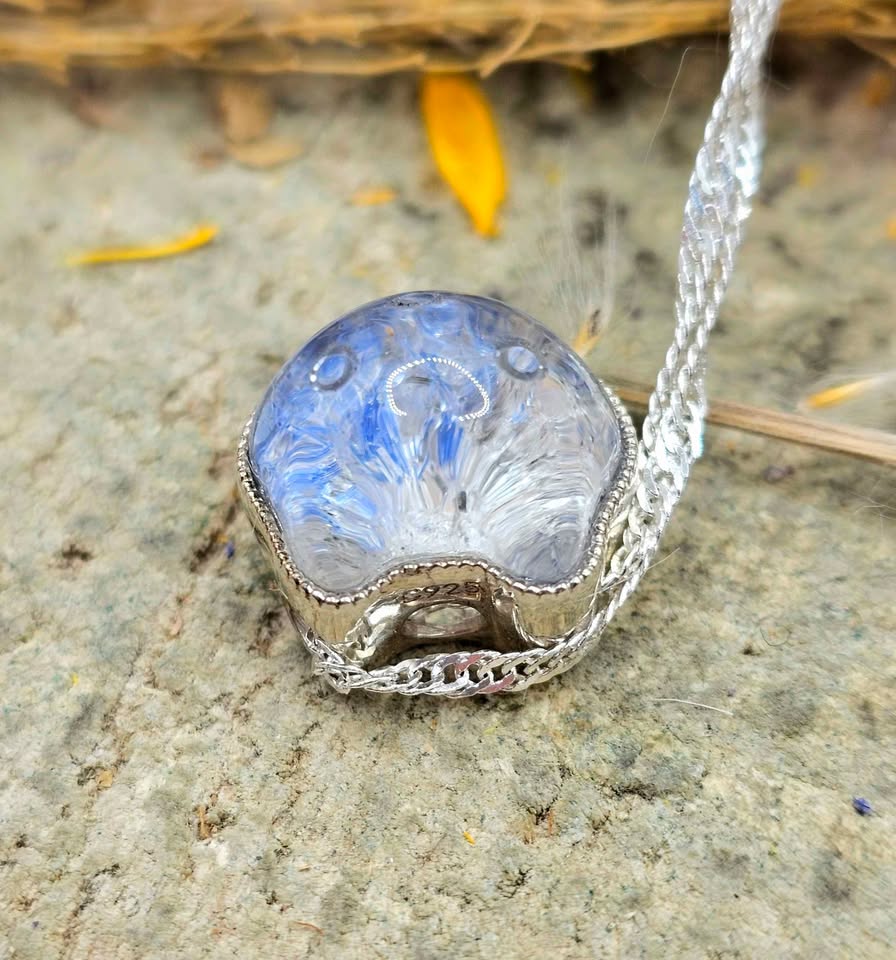 Rare Nature Blue Rutilated Crystal Hand Carved Kitty S925 Charm Necklace