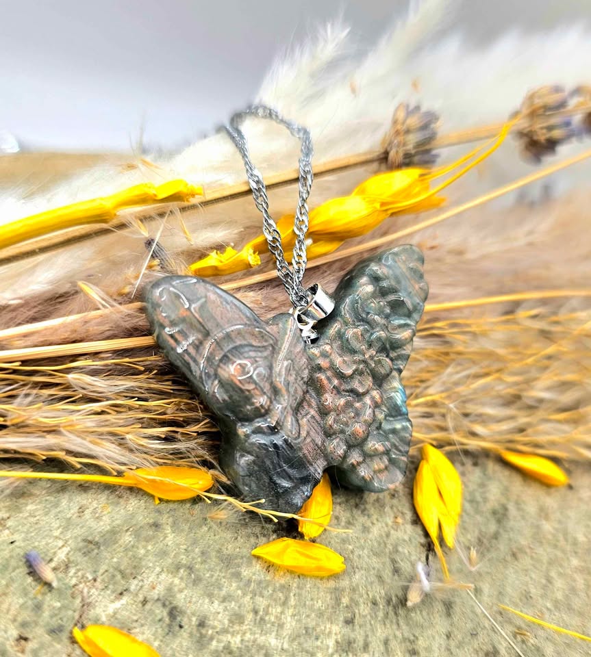 Nature Labradorite Flashy Girl Angel Butterfly Pendant Necklace