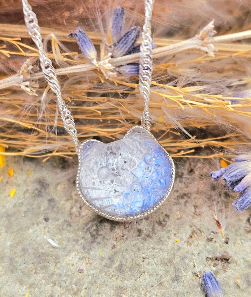 Rare Nature Blue Rutilated Crystal Hand Carved Kitty S925 Charm Necklace