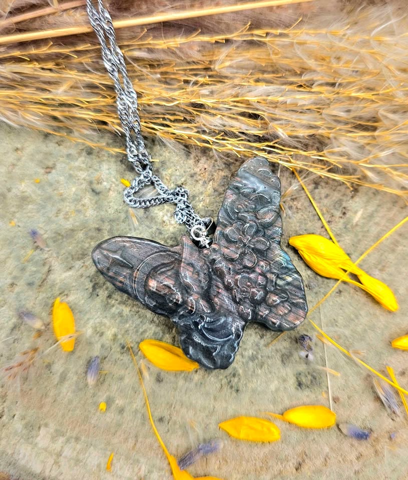 Nature Labradorite Flashy Girl Angel Butterfly Pendant Necklace