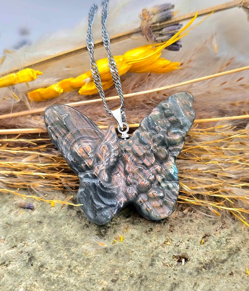 Nature Labradorite Flashy Girl Angel Butterfly Pendant Necklace