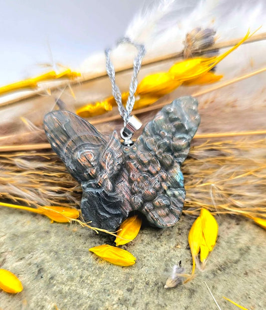 Nature Labradorite Flashy Girl Angel Butterfly Pendant Necklace