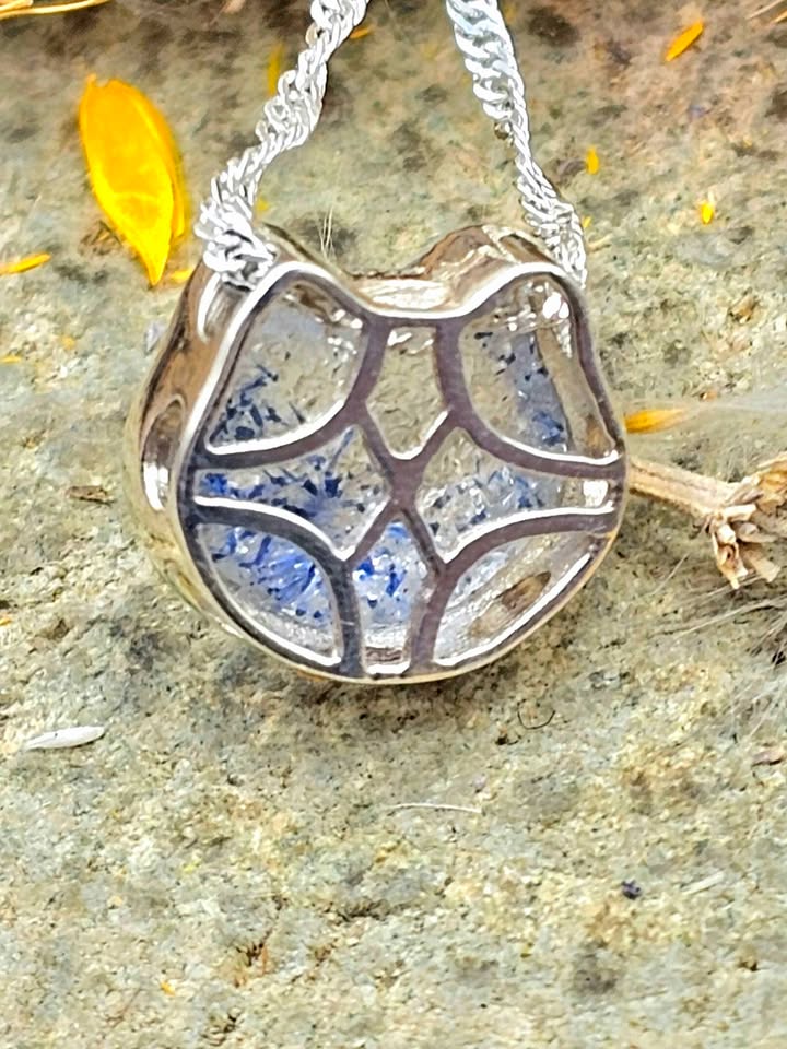 Rare Nature Blue Rutilated Crystal Hand Carved Kitty S925 Charm Necklace