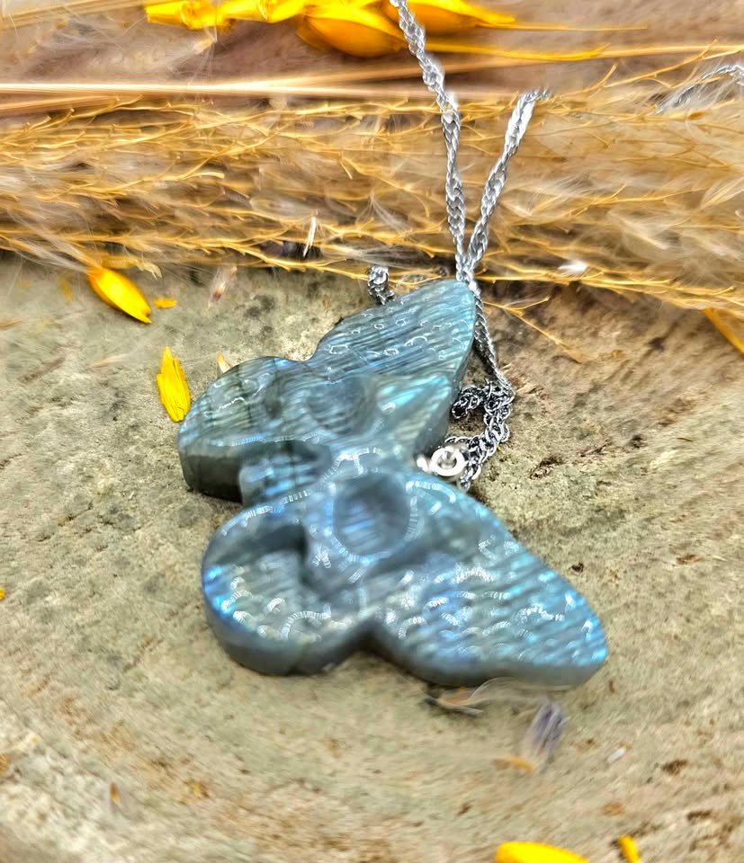 Nature Labradorite Carved Hidden Skull Butterfly Pendant Necklace