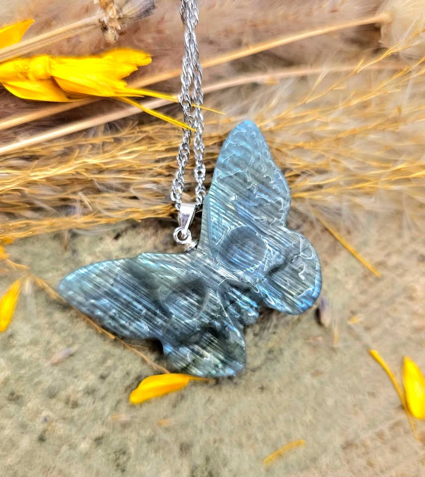 Nature Labradorite Carved Hidden Skull Butterfly Pendant Necklace