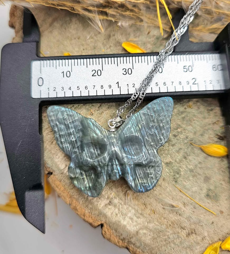 Nature Labradorite Carved Hidden Skull Butterfly Pendant Necklace