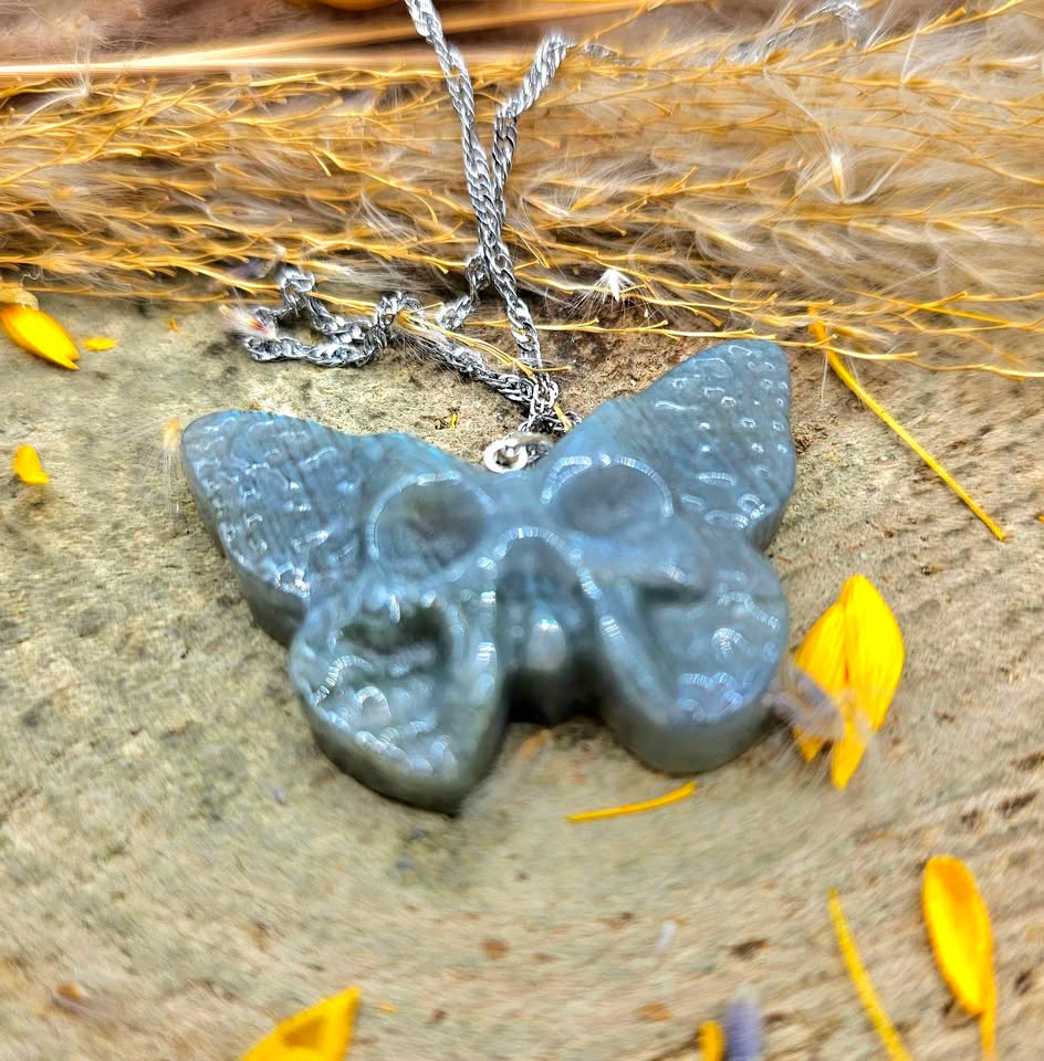 Nature Labradorite Carved Hidden Skull Butterfly Pendant Necklace