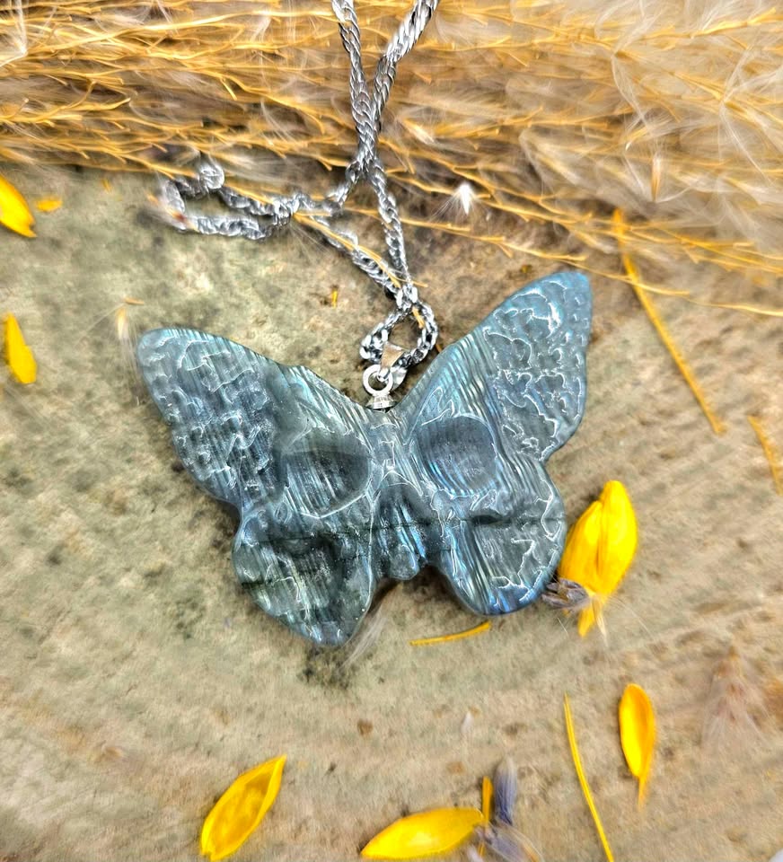 Nature Labradorite Carved Hidden Skull Butterfly Pendant Necklace