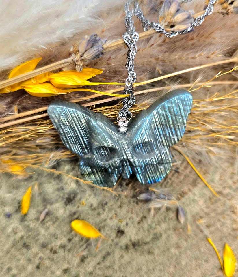 Nature Labradorite Carved Hidden Skull Butterfly Pendant Necklace