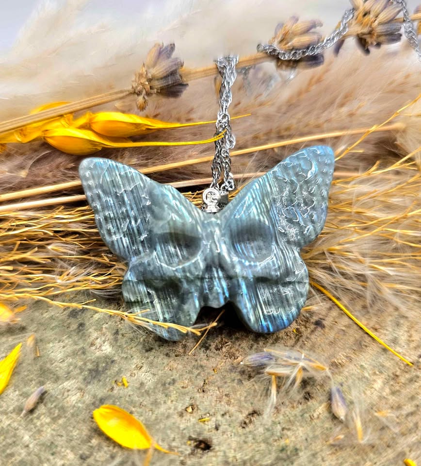 Nature Labradorite Carved Hidden Skull Butterfly Pendant Necklace