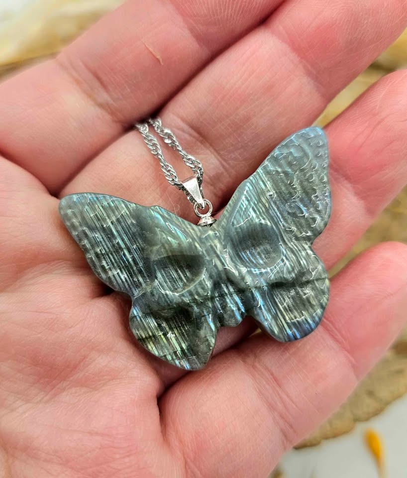 Nature Labradorite Carved Hidden Skull Butterfly Pendant Necklace