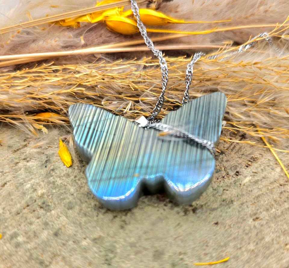 Nature Labradorite Carved Hidden Skull Butterfly Pendant Necklace