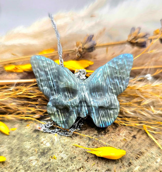 Nature Labradorite Carved Hidden Skull Butterfly Pendant Necklace
