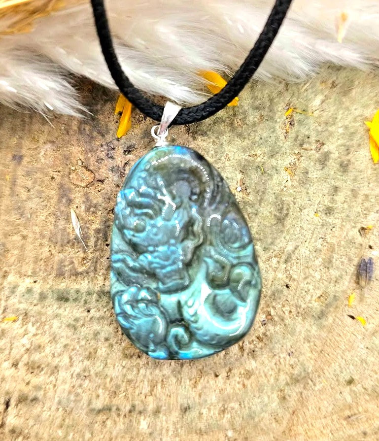 Nature Labradorite Carved Flying Dragon Pendant Necklace