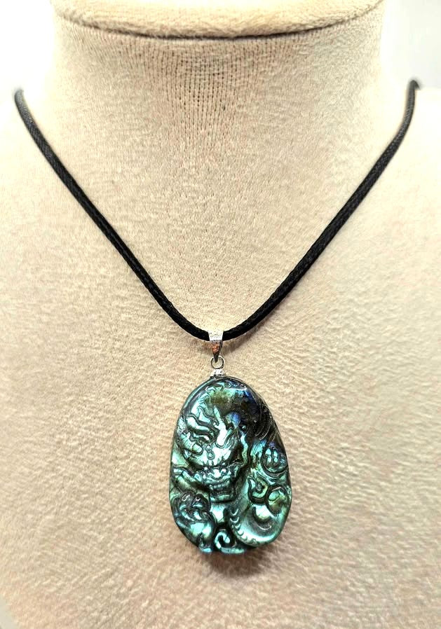 Nature Labradorite Carved Flying Dragon Pendant Necklace