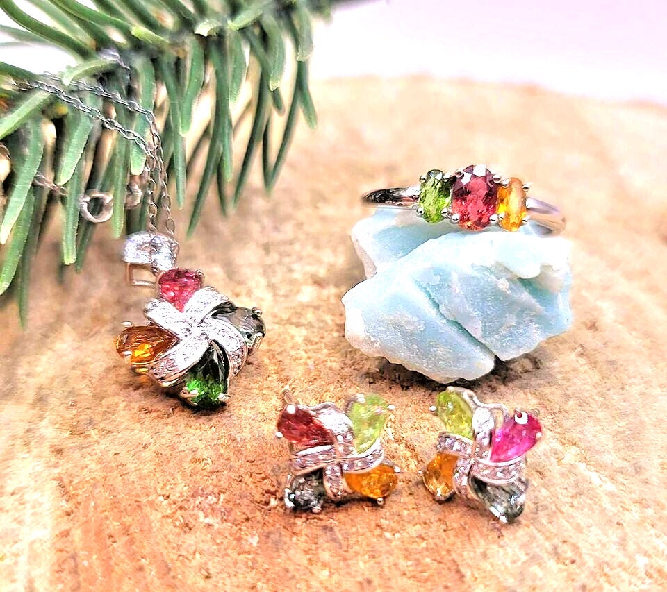 Beautiful Set Of 4pcs Nature Tourmalines Windwill S925 Jewelry Set