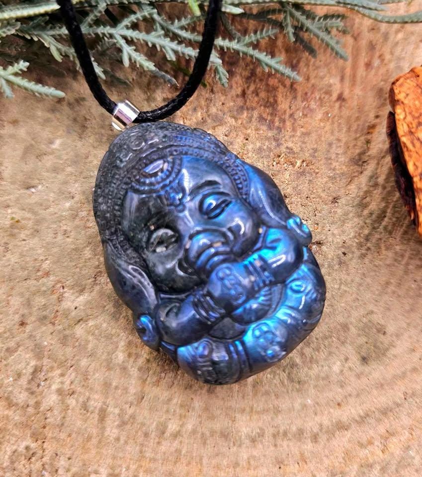 Nature Labradorite Flashy Carved Elephant God Ganesha Blessing Pendant Necklace