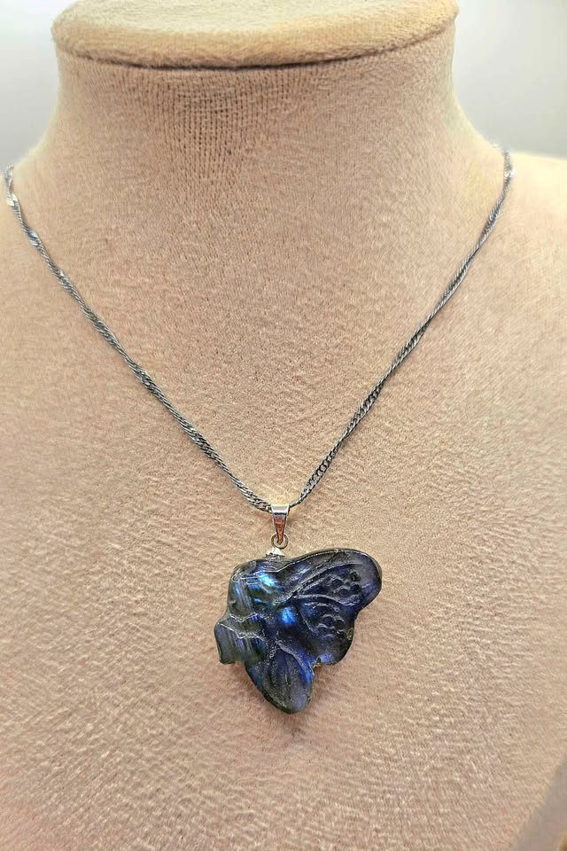 Nature Labradorite Carved Flashy Sleeping Butterfly Fairy Pendant Necklace