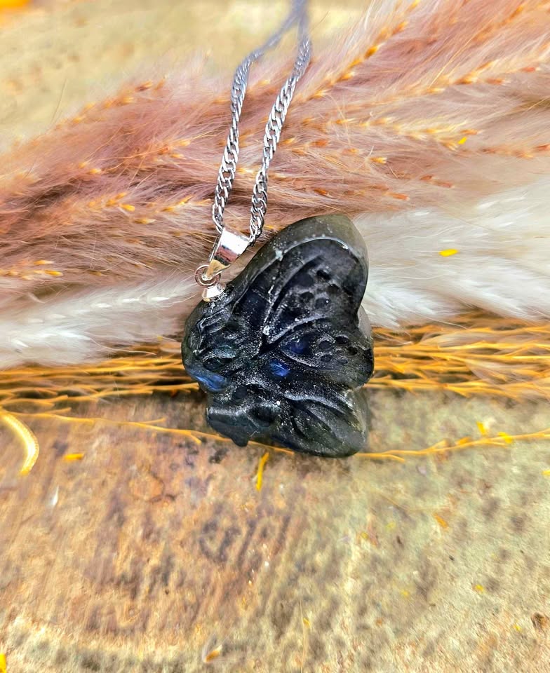 Nature Labradorite Carved Flashy Sleeping Butterfly Fairy Pendant Necklace