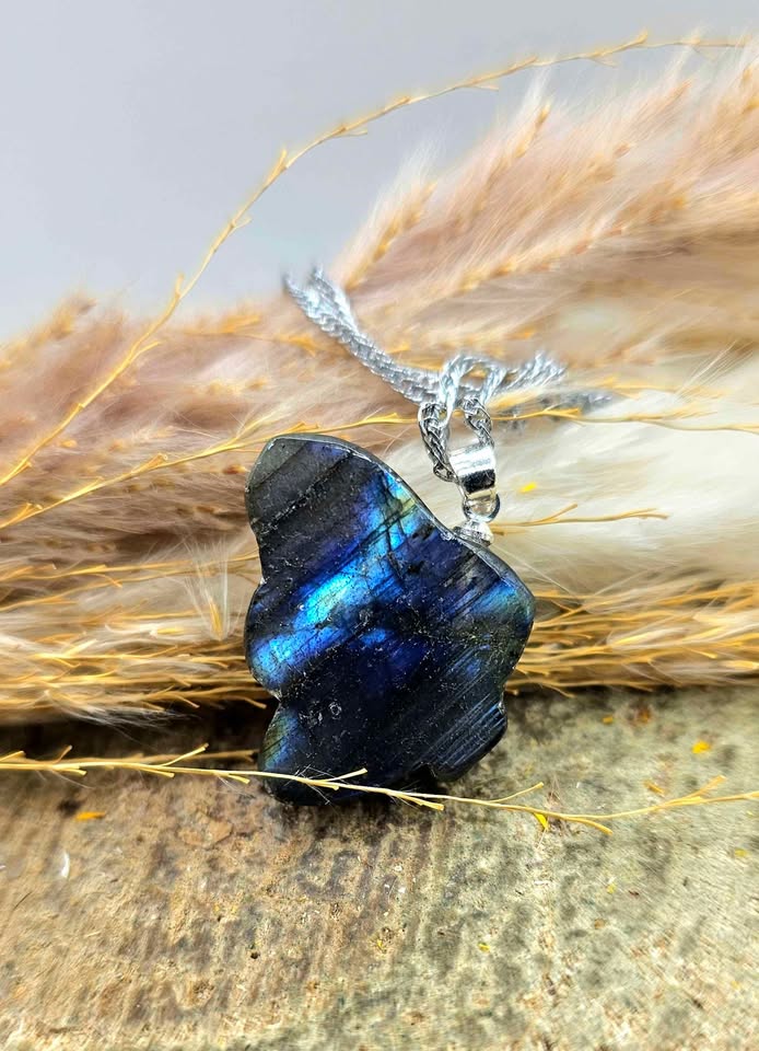 Nature Labradorite Carved Flashy Sleeping Butterfly Fairy Pendant Necklace