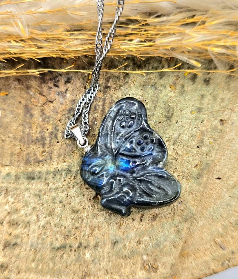 Nature Labradorite Carved Flashy Sleeping Butterfly Fairy Pendant Necklace
