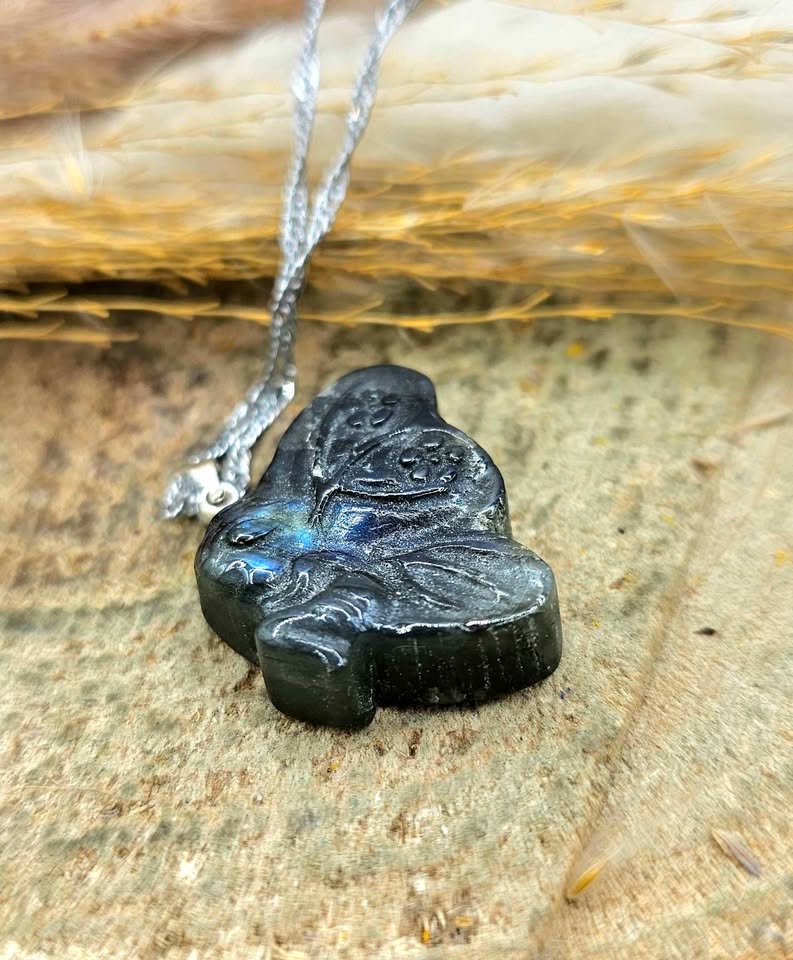 Nature Labradorite Carved Flashy Sleeping Butterfly Fairy Pendant Necklace