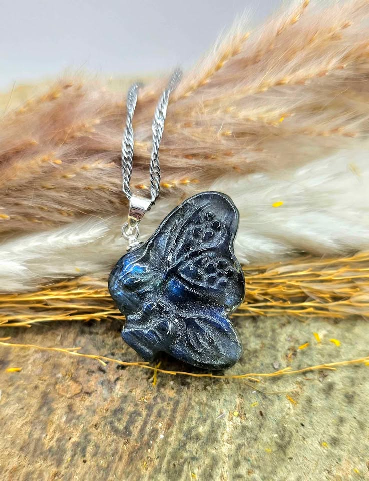 Nature Labradorite Carved Flashy Sleeping Butterfly Fairy Pendant Necklace