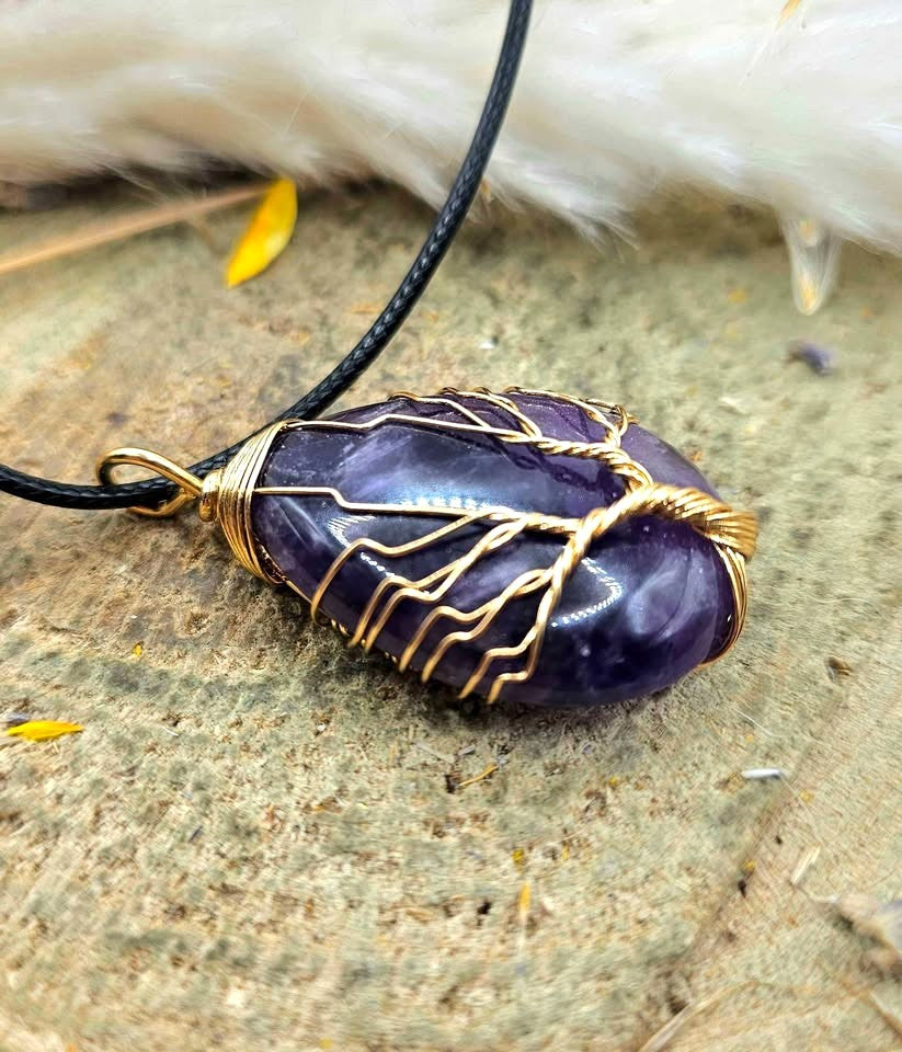 Nature Amethyst Teardrop Tree Of Life Pendant Necklace
