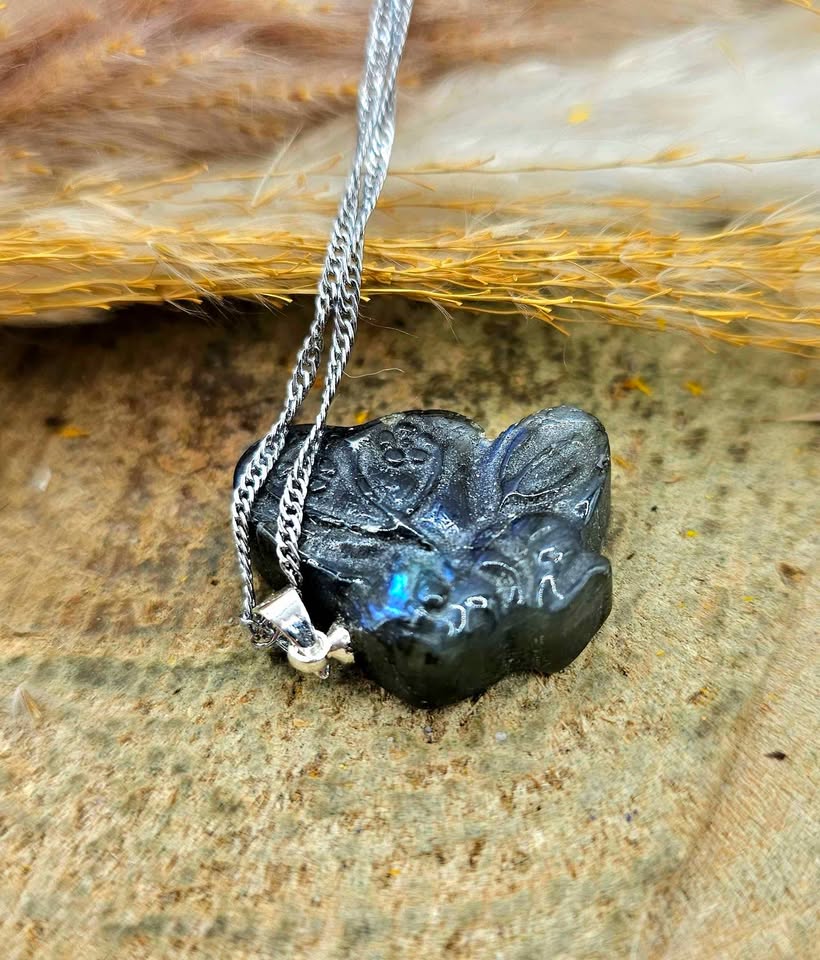 Nature Labradorite Carved Flashy Sleeping Butterfly Fairy Pendant Necklace