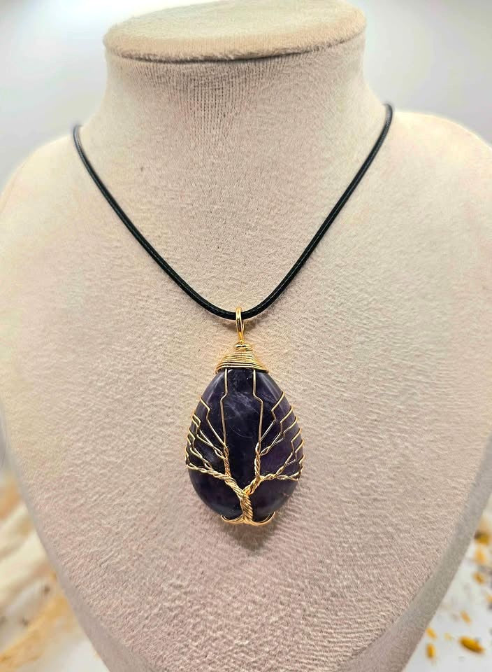 Nature Amethyst Teardrop Tree Of Life Pendant Necklace
