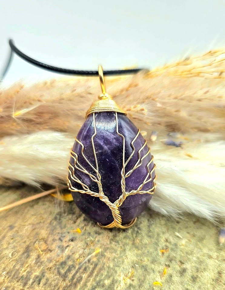 Nature Amethyst Teardrop Tree Of Life Pendant Necklace