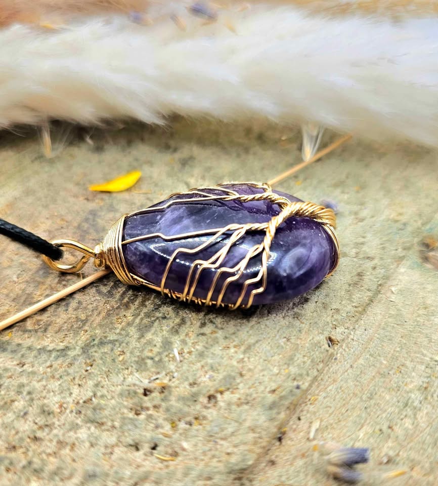 Nature Amethyst Teardrop Tree Of Life Pendant Necklace