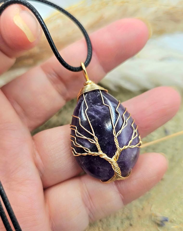 Nature Amethyst Teardrop Tree Of Life Pendant Necklace
